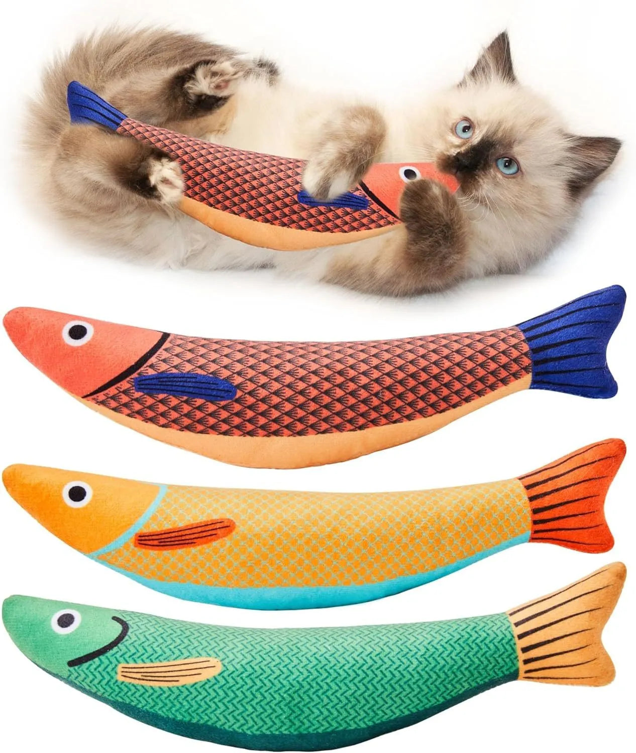 Soft plush catnip fish toy in bright colours with crinkle sounds for interactive cat play