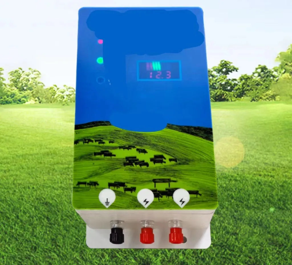 Pasture high voltage pulse fence system with electric display and alarm components for livestock containment