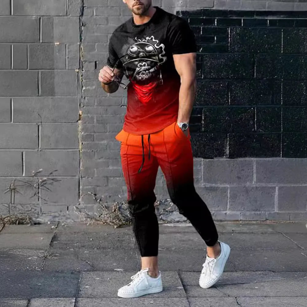 Man wearing a short-sleeved printed round neck pullover and matching trousers from a lightweight athletic suit set.