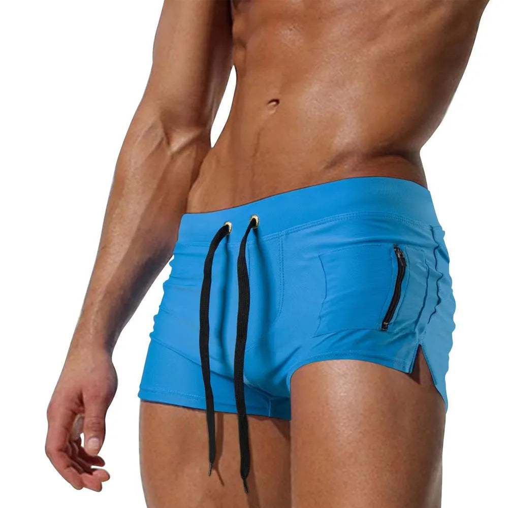 Men's black high waist swimming trunks with a lace-up front detail