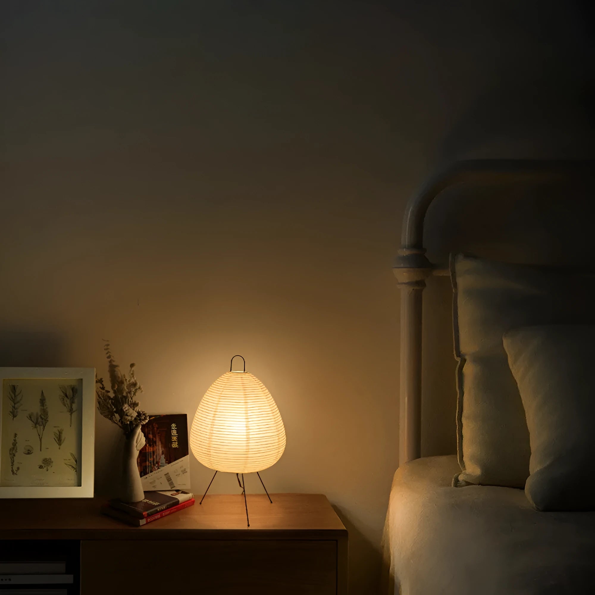 Handmade Nordic-style table lamp with a Japanese rice paper shade and aluminium base on a wooden table