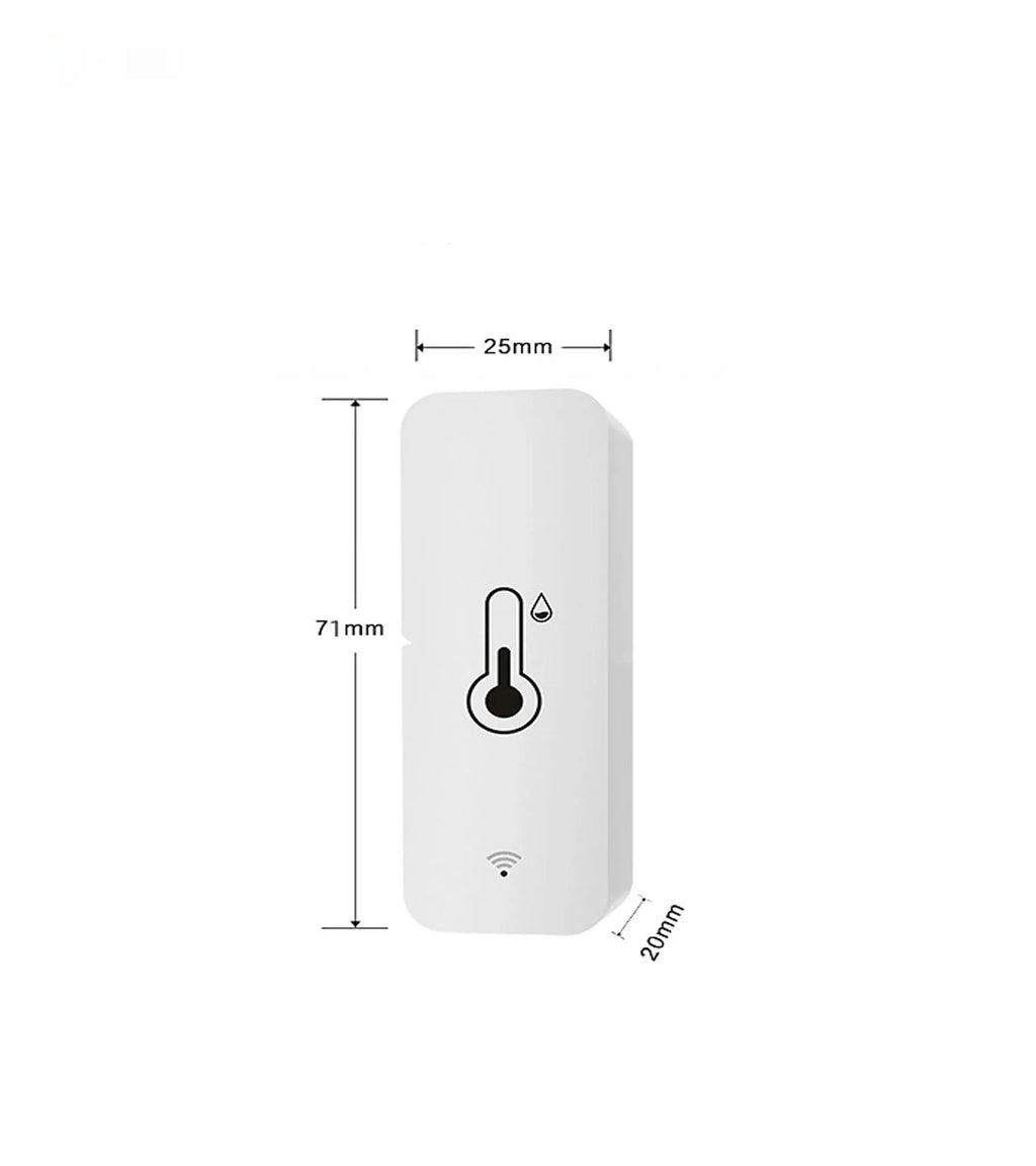 White WiFi Zigbee temperature humidity sensor with ABS plastic housing measuring 72x25x20mm