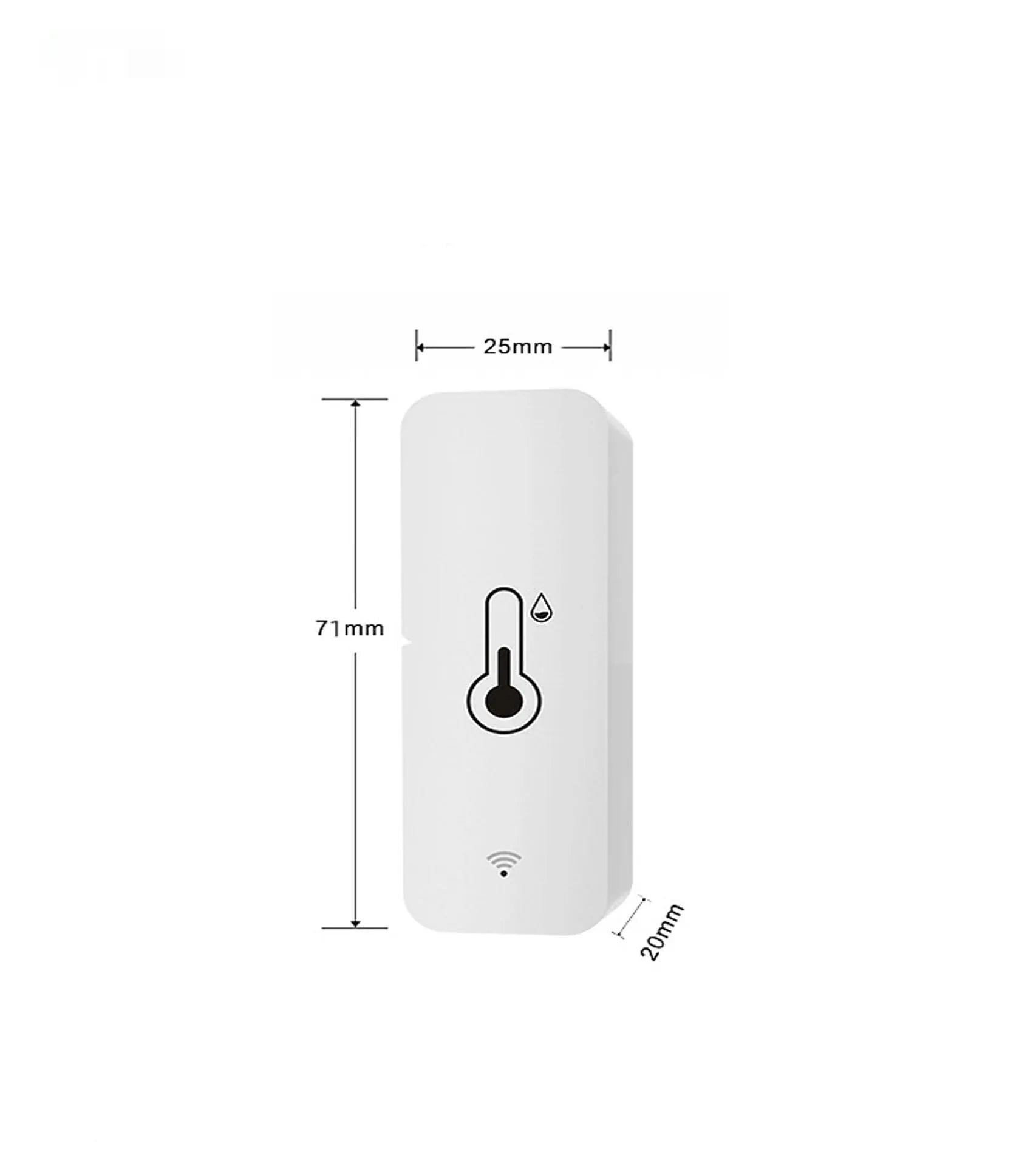 White WiFi Zigbee temperature humidity sensor with ABS plastic housing measuring 72x25x20mm