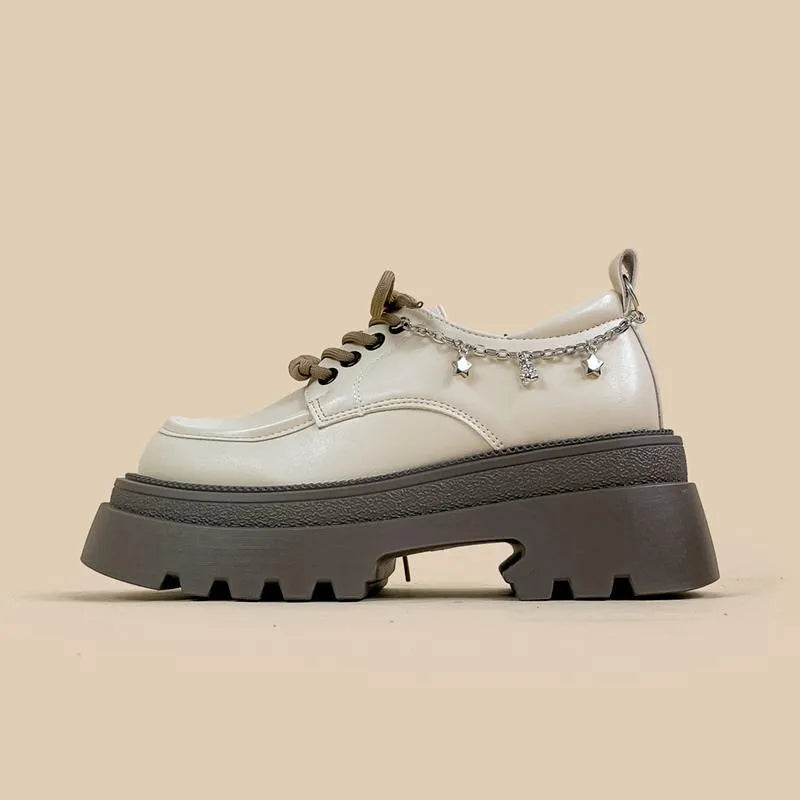 White PU platform Mary Jane shoes with thick chunky heel and front lace-up in XINGX Bear colour