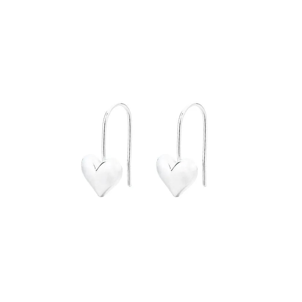 Silver-coloured heart-shaped earrings with three-dimensional glossy design and Korean style aesthetics
