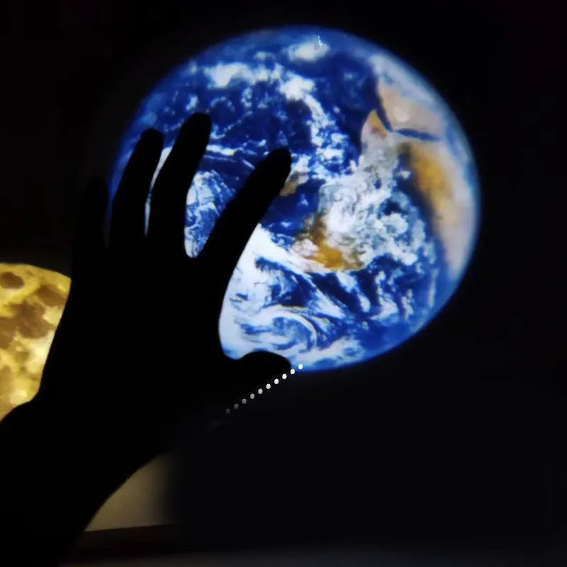 Star projector lamp showing earth projection on wall with adjustable rotating bracket and USB cable