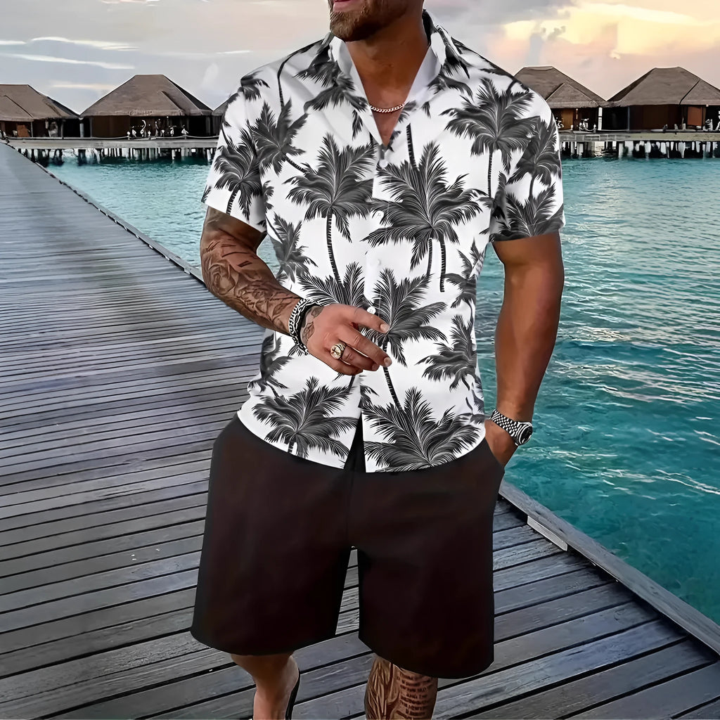 Men's 3D printed Hawaiian shirt and shorts co-ord set in a casual style.