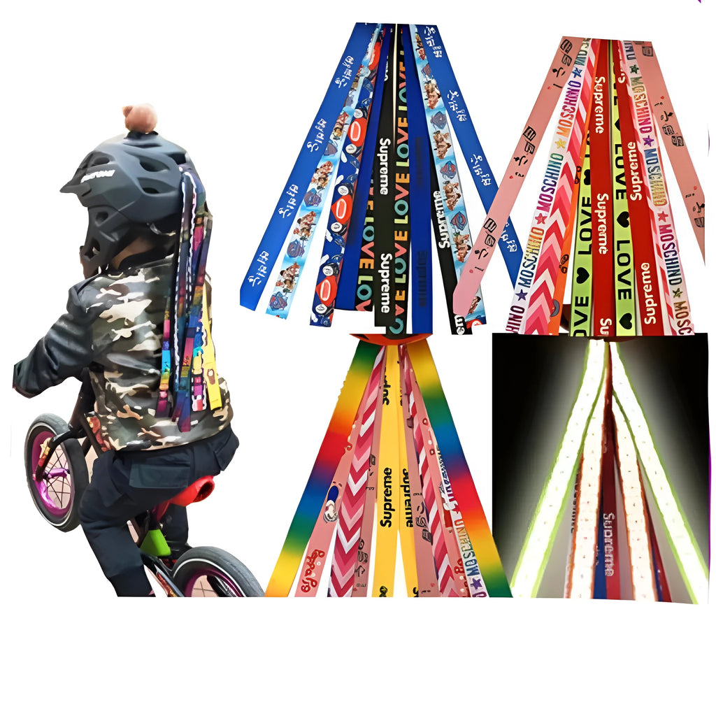 Close-up of a colourful decorative ribbon streamer attached to a child's helmet for roller skating or skiing.