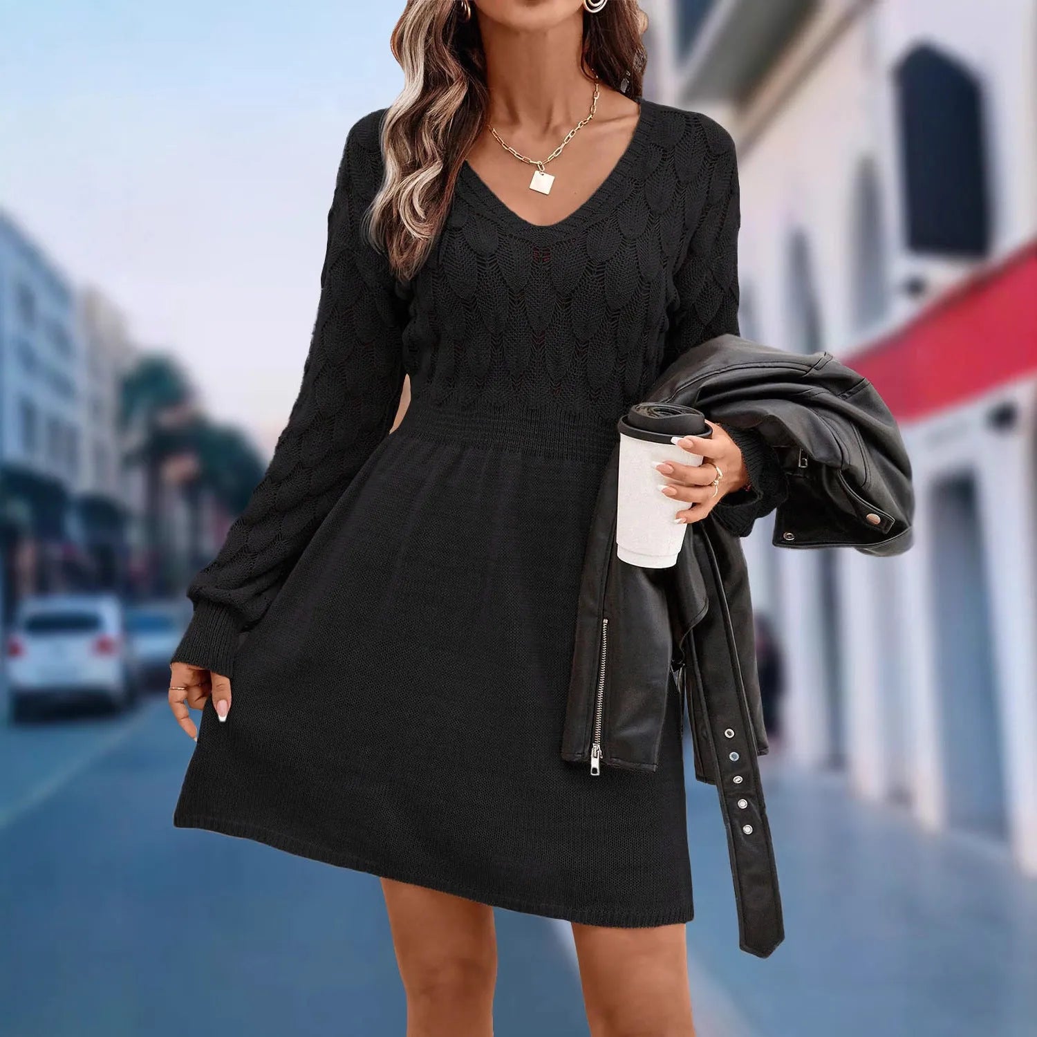 Acrylic fibre ethnic style V-neck beach dress with 3D pattern and long sleeves