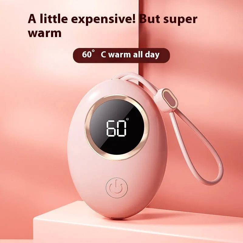 USB digital display hand warmer in one of six colour options: blue, green, white, or pink.