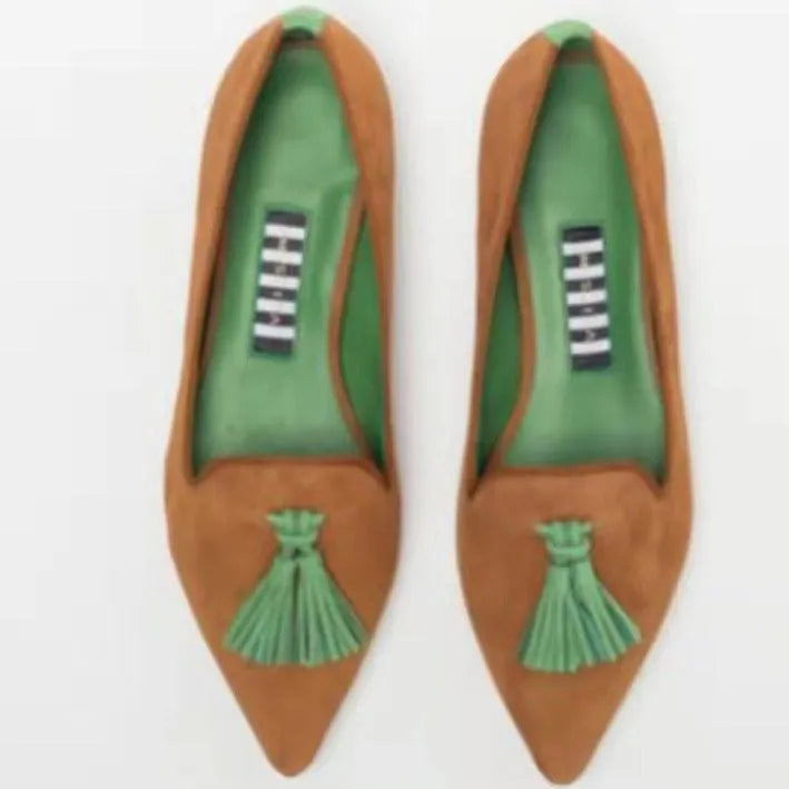 Women's low-cut pointed-toe colourblock tassel flat shoes in Brown Green and Brown Orange on a clean background