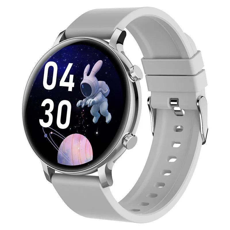 Bluetooth smartwatch with stainless steel strap showing call function and health metrics on screen.