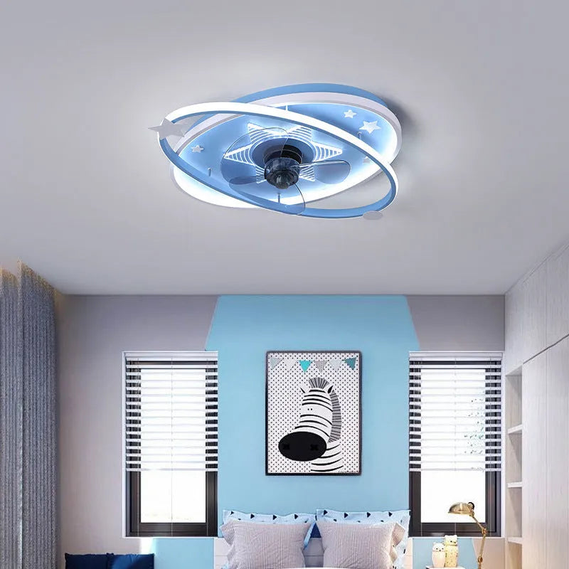 Modern blue children's bedroom ceiling light with remote control on white ceiling