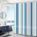 PEVA shower curtain with stainless steel buttonholes in a geometric abstract pattern, simple modern style for a bathroom.