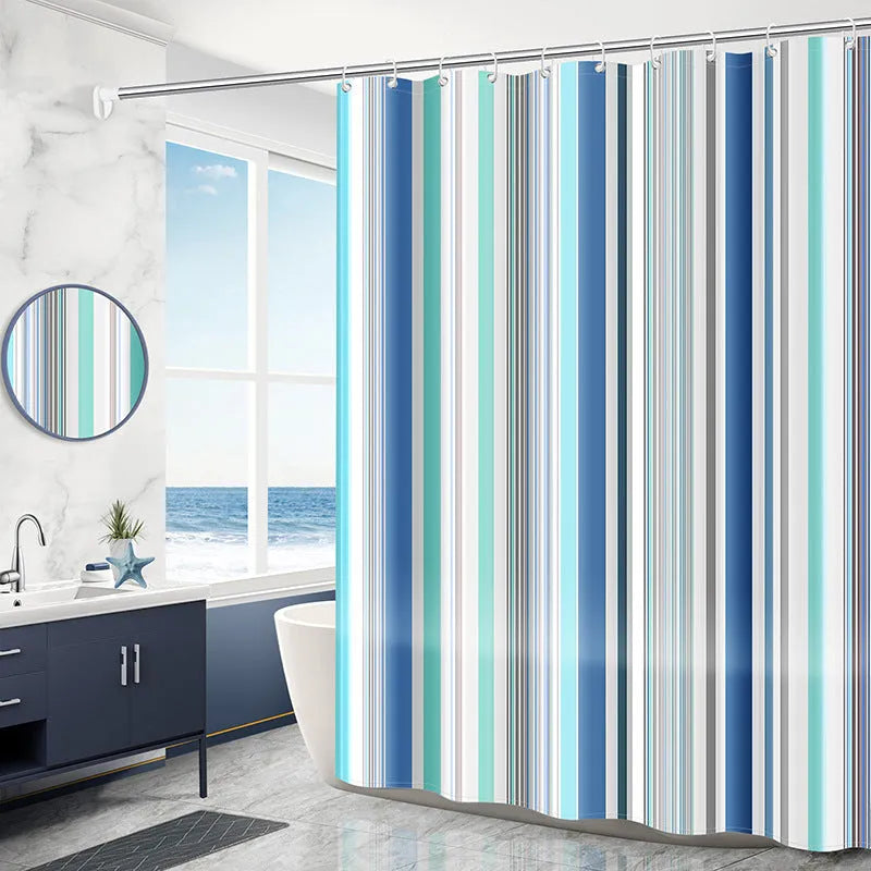 PEVA shower curtain with stainless steel buttonholes in a geometric abstract pattern, simple modern style for a bathroom.