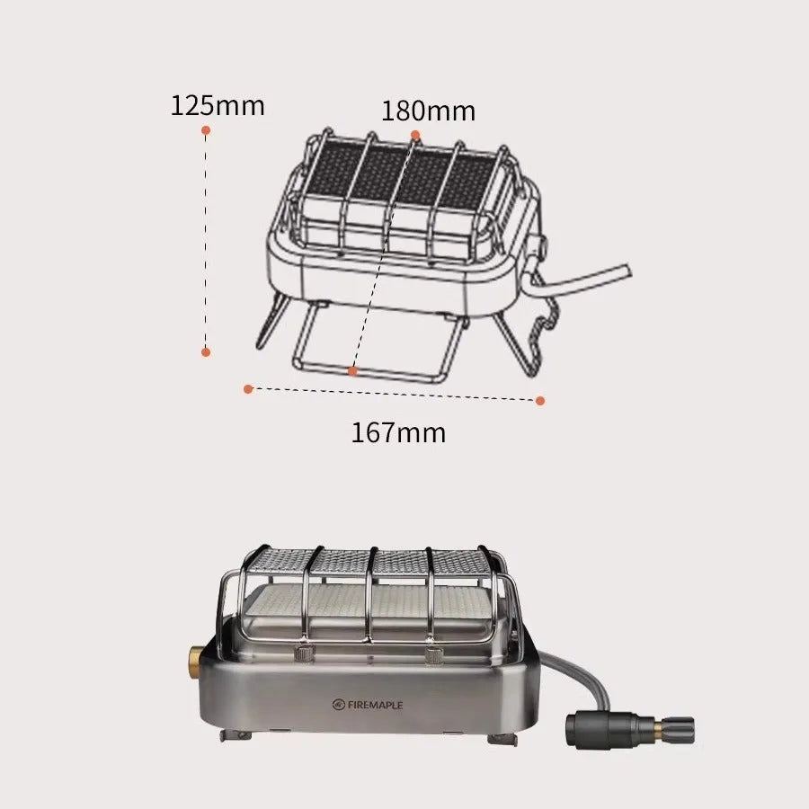 Collapsible outdoor heating stove showing expanded 180x167x125mm size and metal primary colour finish with multi-material construction
