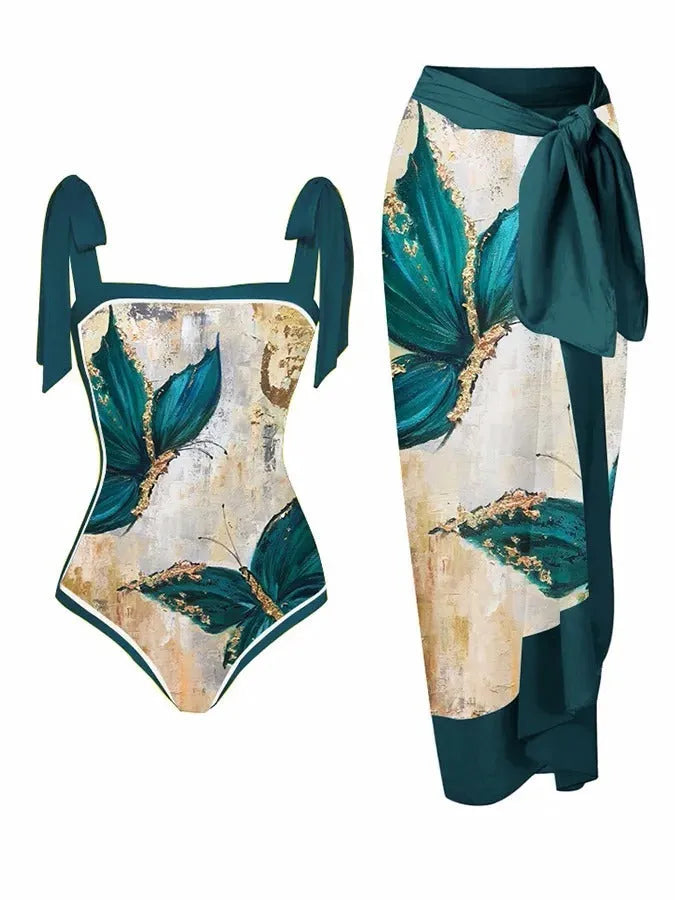 Women's printed chiffon two-piece swimsuit set with matching hip skirt