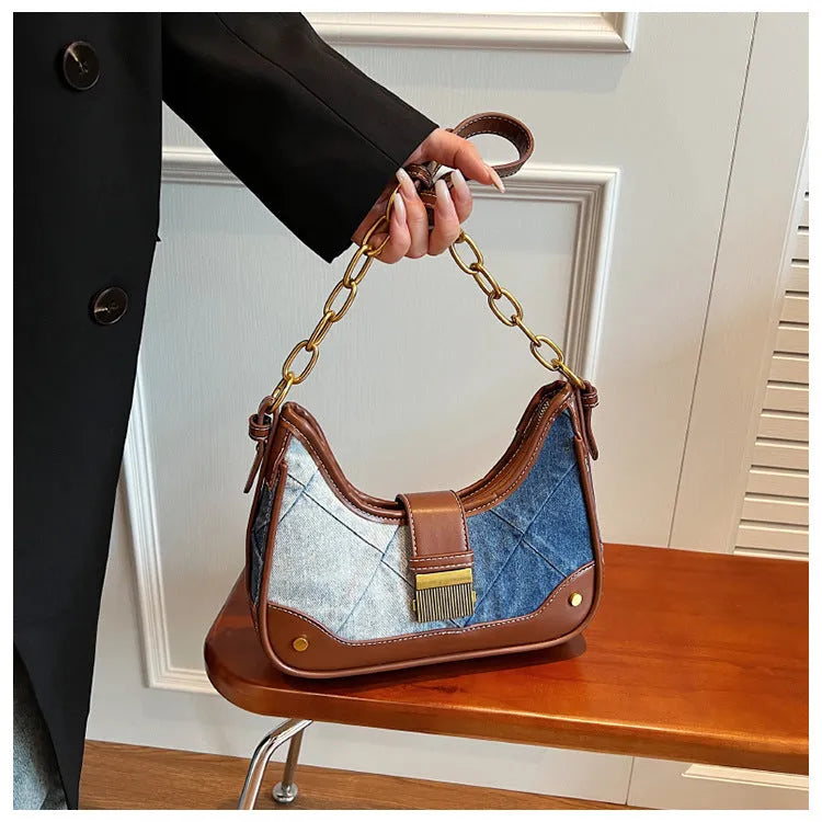 Brown denim women's shoulder bag with diamond mesh pattern and chain strap details