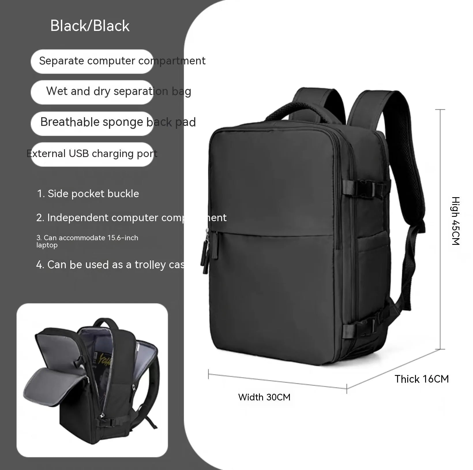 Large black nylon mummy-style travel backpack with a waterproof lining.