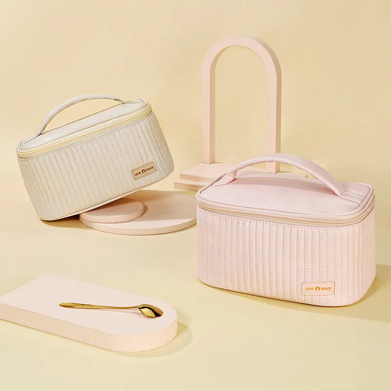 Open-top cake-shaped makeup bag in soft pastel PU leather