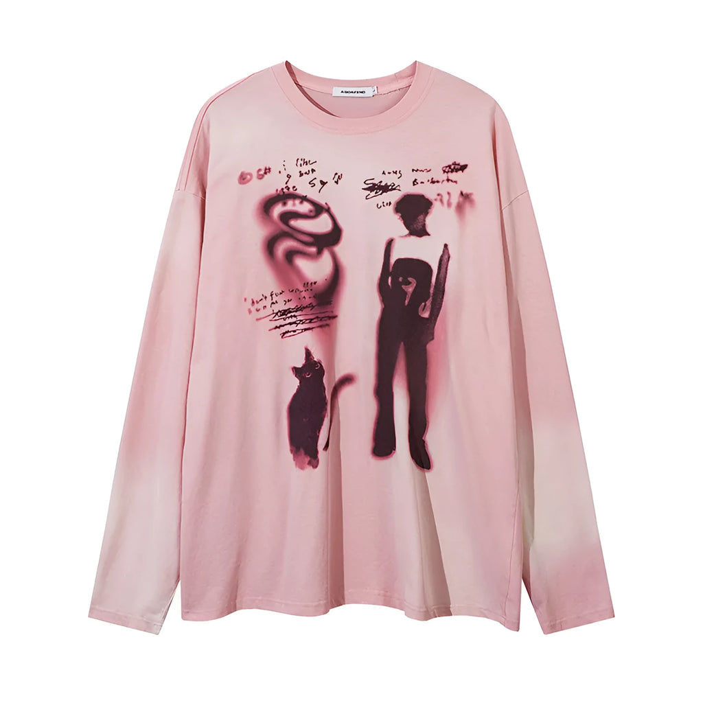 Women's loose dark grey cotton pullover top with drop-shoulder sleeves and a letter pattern.