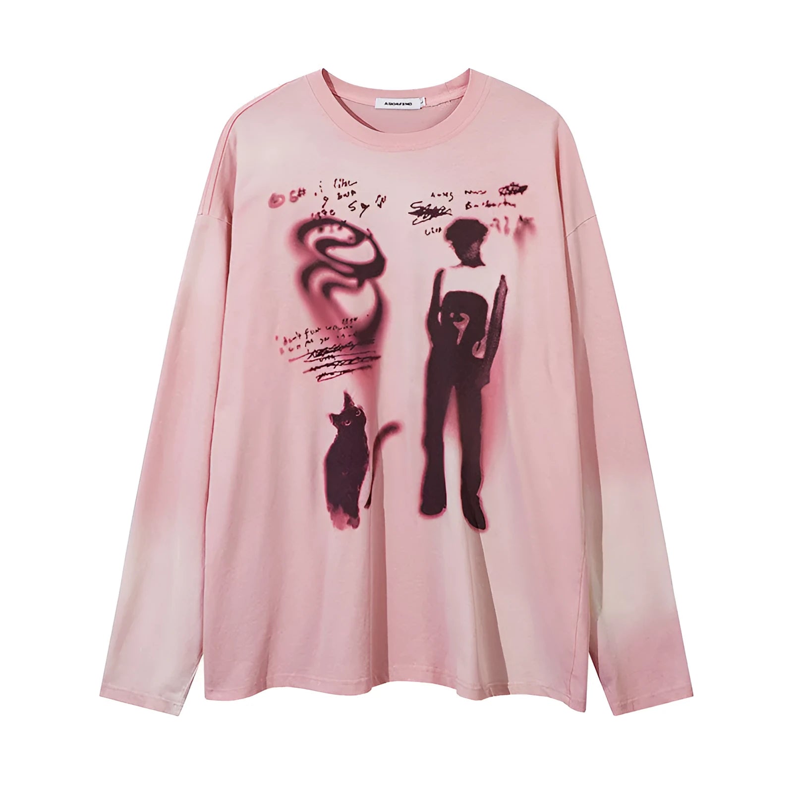 Women's loose dark grey cotton pullover top with drop-shoulder sleeves and a letter pattern.