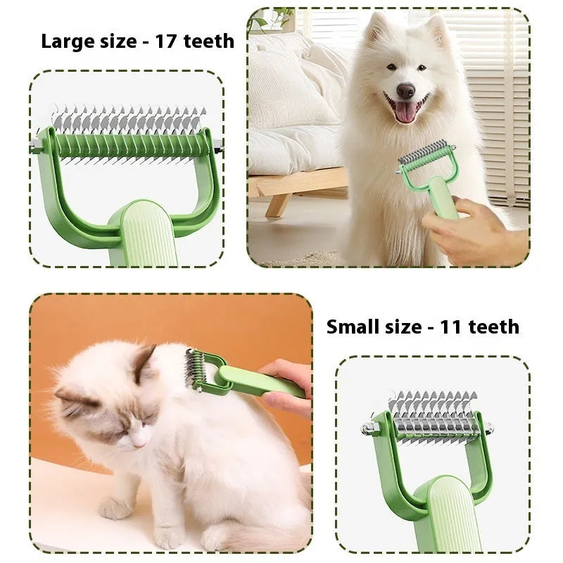 Green and grey dog grooming comb with plastic handle and stainless steel teeth for unknotting