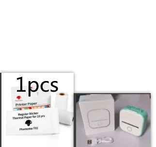 Phomemo T02 mini thermal label printer in white, showing front view with roll of sticky paper