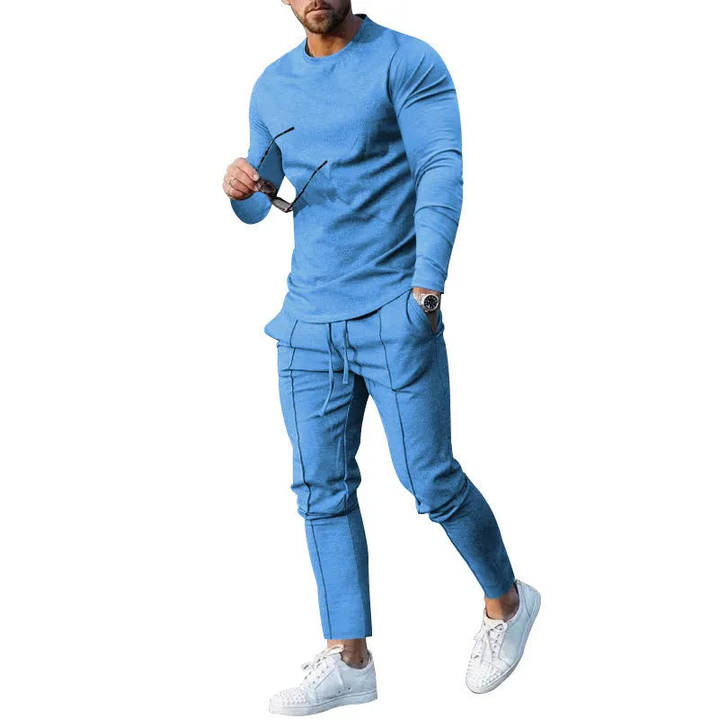 Men's light grey round neck long sleeve T-shirt and trousers two-piece polyester casual set