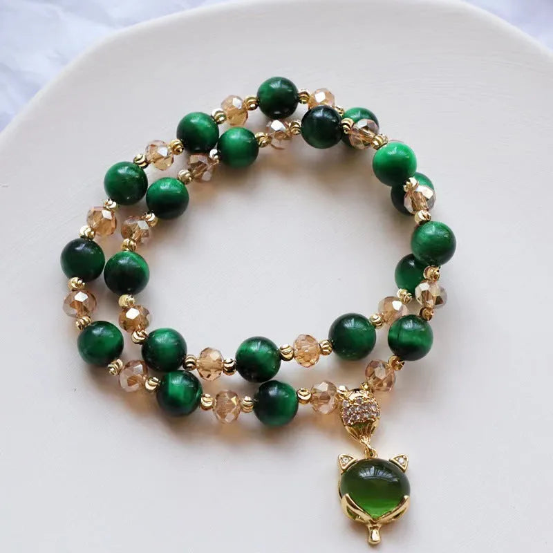 Handmade natural Tigereye stone bracelet with chain design in green or rose red colour options