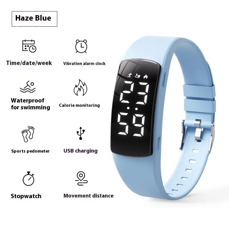Vibration alarm waterproof electronic watch with coloured silicone strap and LED display.