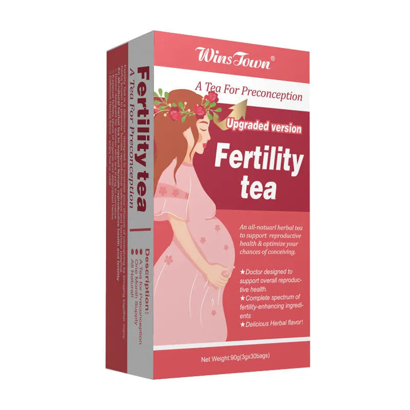 Box of fertility health tea containing 330 individual herbal supplement tea bags.
