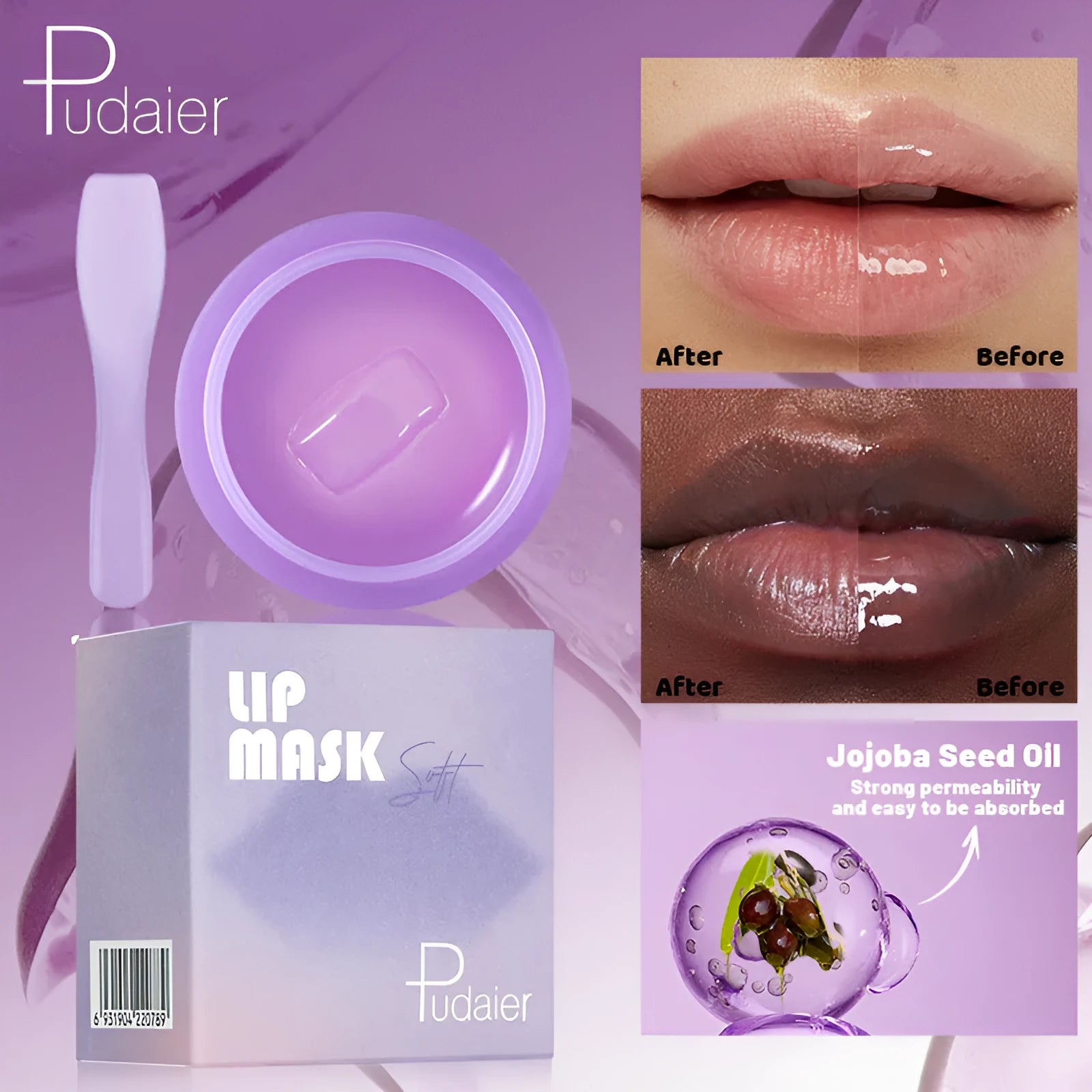 Lip balm exfoliating treatment box containing 10ml formulation with lip film and scraper applicator