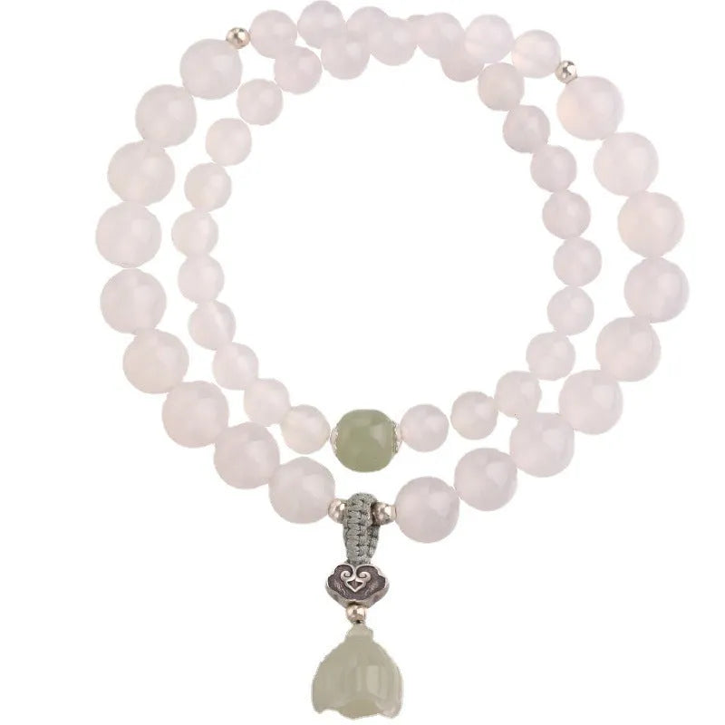 Women's S925 silver bracelet with white agate and Hetian jade stones in geometric design