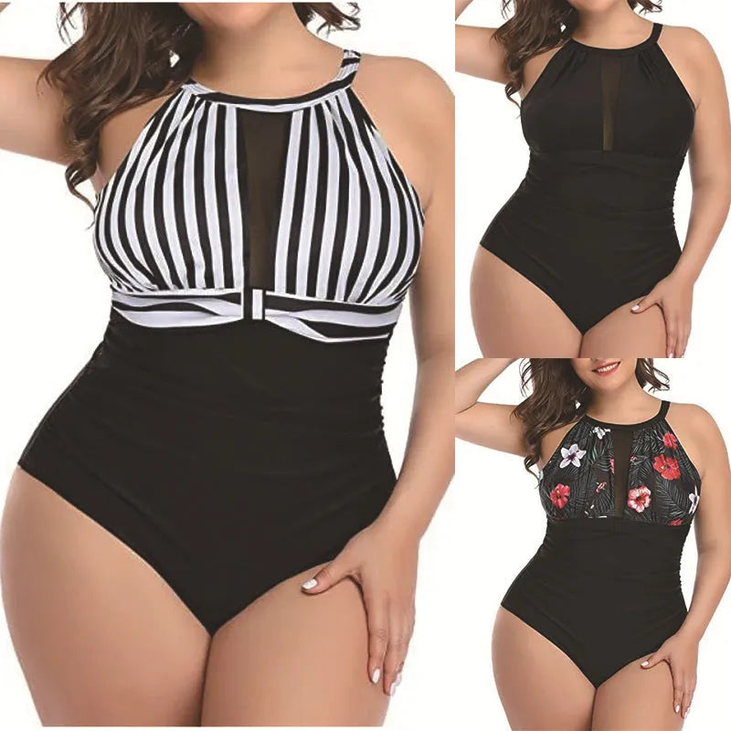 Women's black one-piece swimsuit with lace detail, shown alongside striped and red floral pattern options.