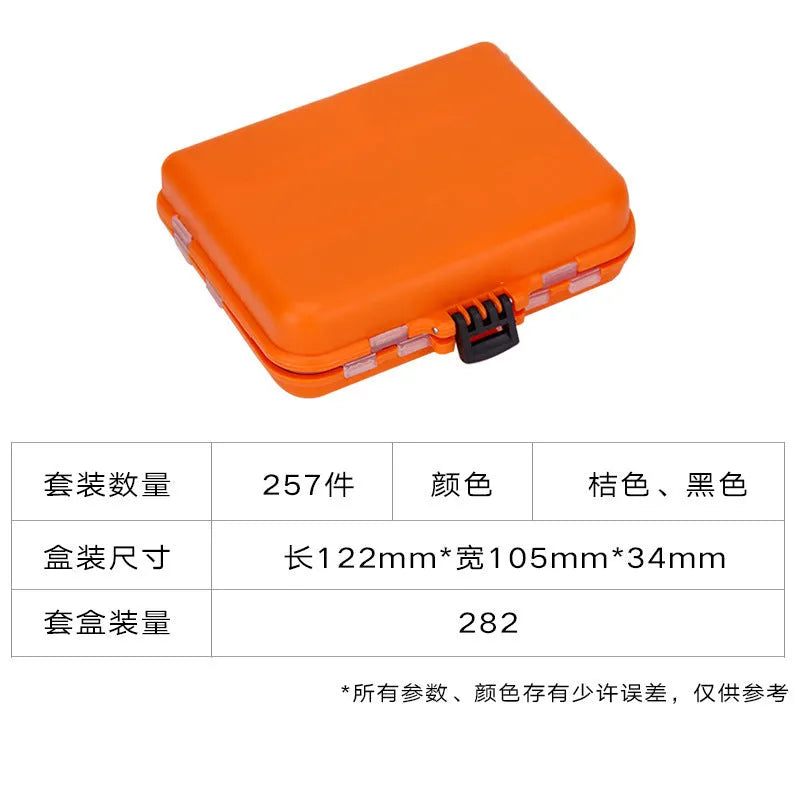 257-piece fishing lure accessories set in orange or black ABS storage box