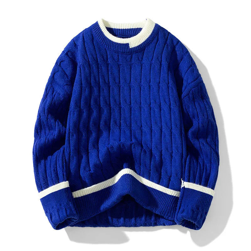 Men's loose grey and blue modal acrylic sports pullover sweater on a hanger.