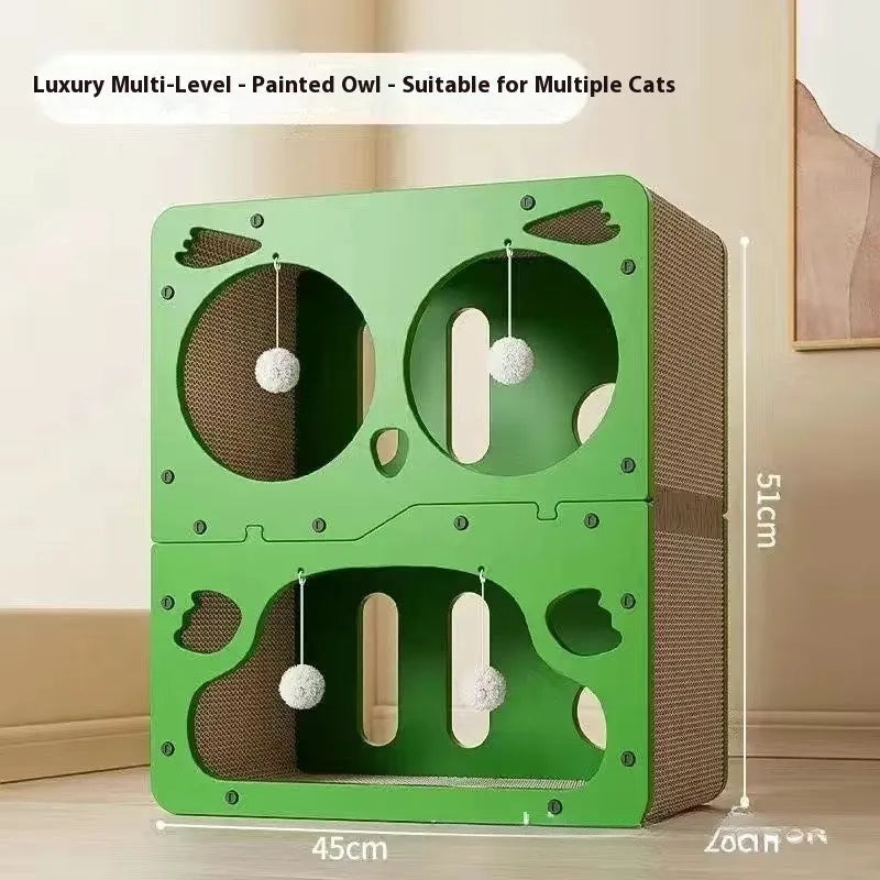 Double-layer cat scratching board and nest in owl style with wear-resistant surface