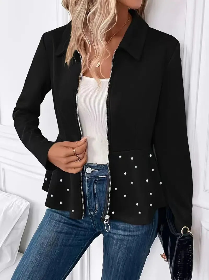 Women's black coat with heavy-duty zipper, beaded trim and ruffled hem in regenerated cellulose fibre blend