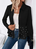 Women's black coat with heavy-duty zipper, beaded trim and ruffled hem in regenerated cellulose fibre blend