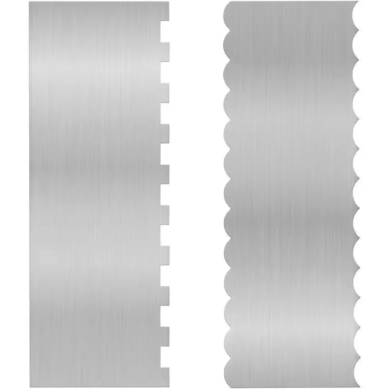 Stainless steel cake decorating scraper showing polygon pattern edge design