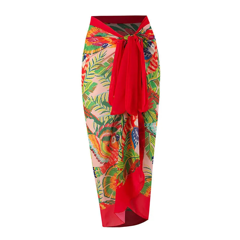 Women's blue printed one-piece swimsuit with matching gauze skirt, a holiday outfit set for swimming.