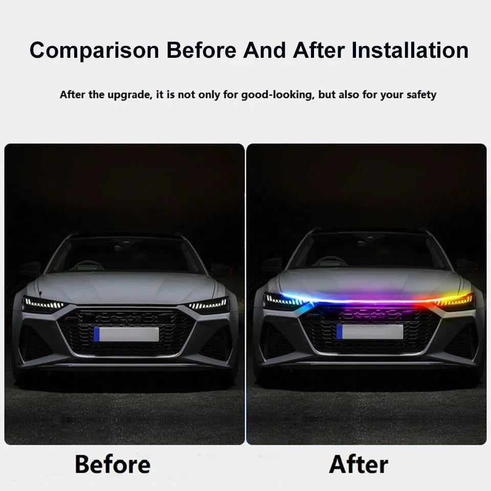Close-up of a flexible white PVC LED light strip for car engine bay or underbody installation.