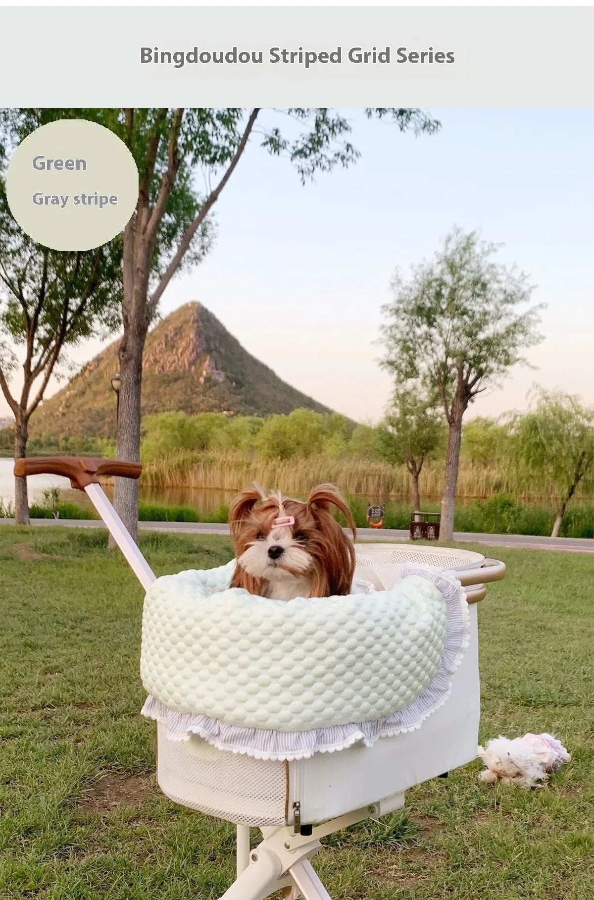 Pure cotton pet stroller accessory set with anti-dirty towel, cushion and pillow in blue green apple pattern