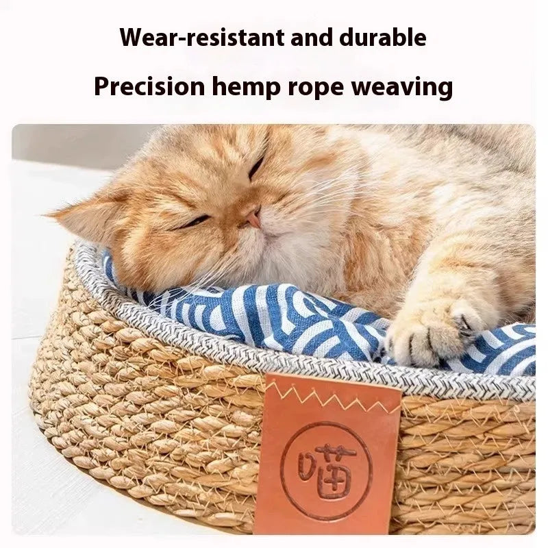 Rattan woven cat bed nest available in four sizes for indoor feline sleeping