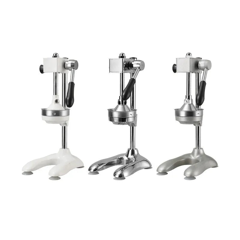 Vertical stainless steel manual juicer with three tip options: pointed head, flat head, and double head.