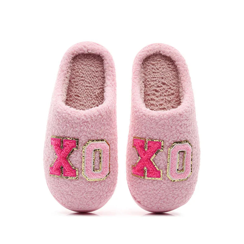 Warm grid letter cotton women's slippers in pink with artificial plush inner lining and closed toe