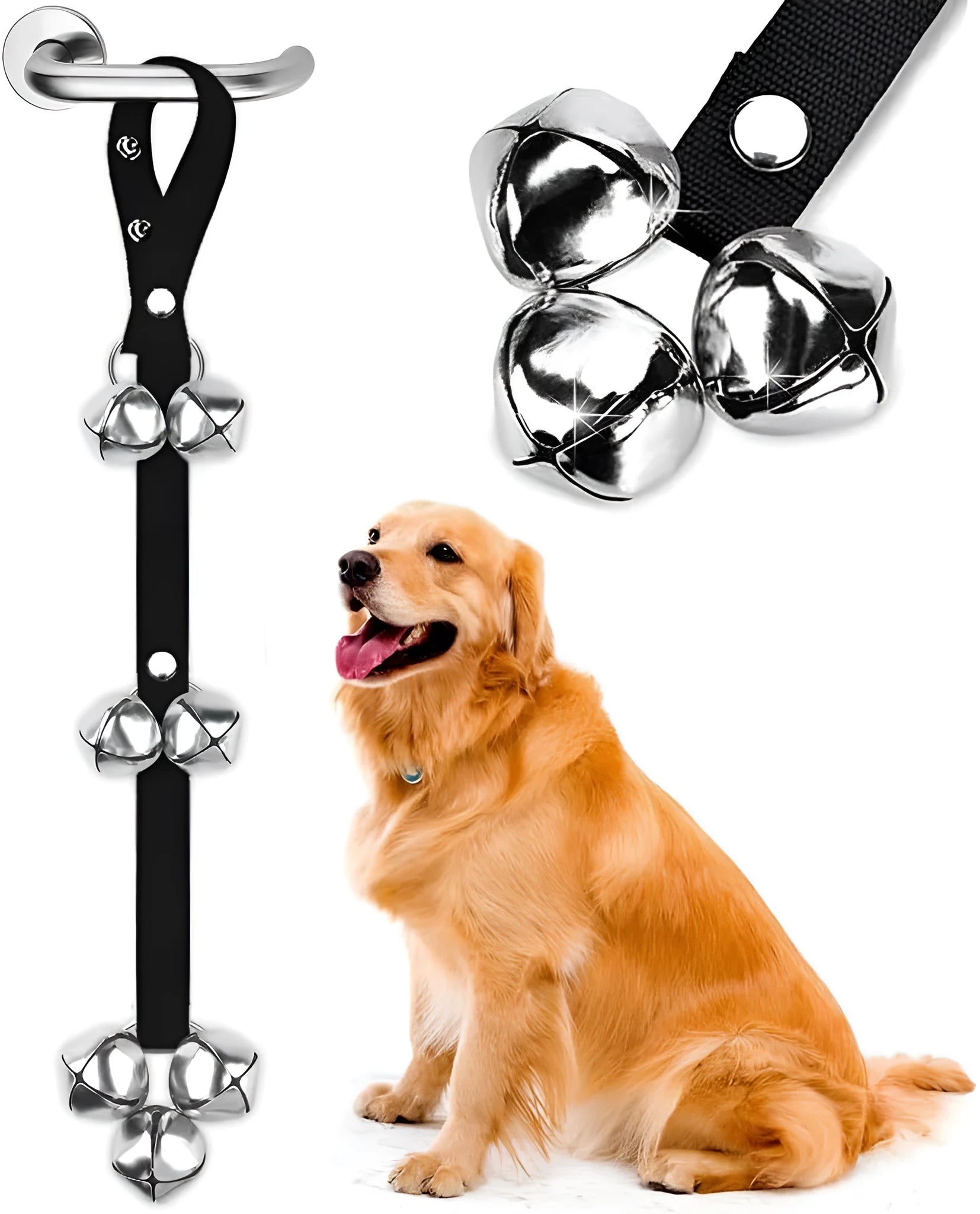 Premium dog training doorbell with seven silver metal bells on adjustable nylon strap