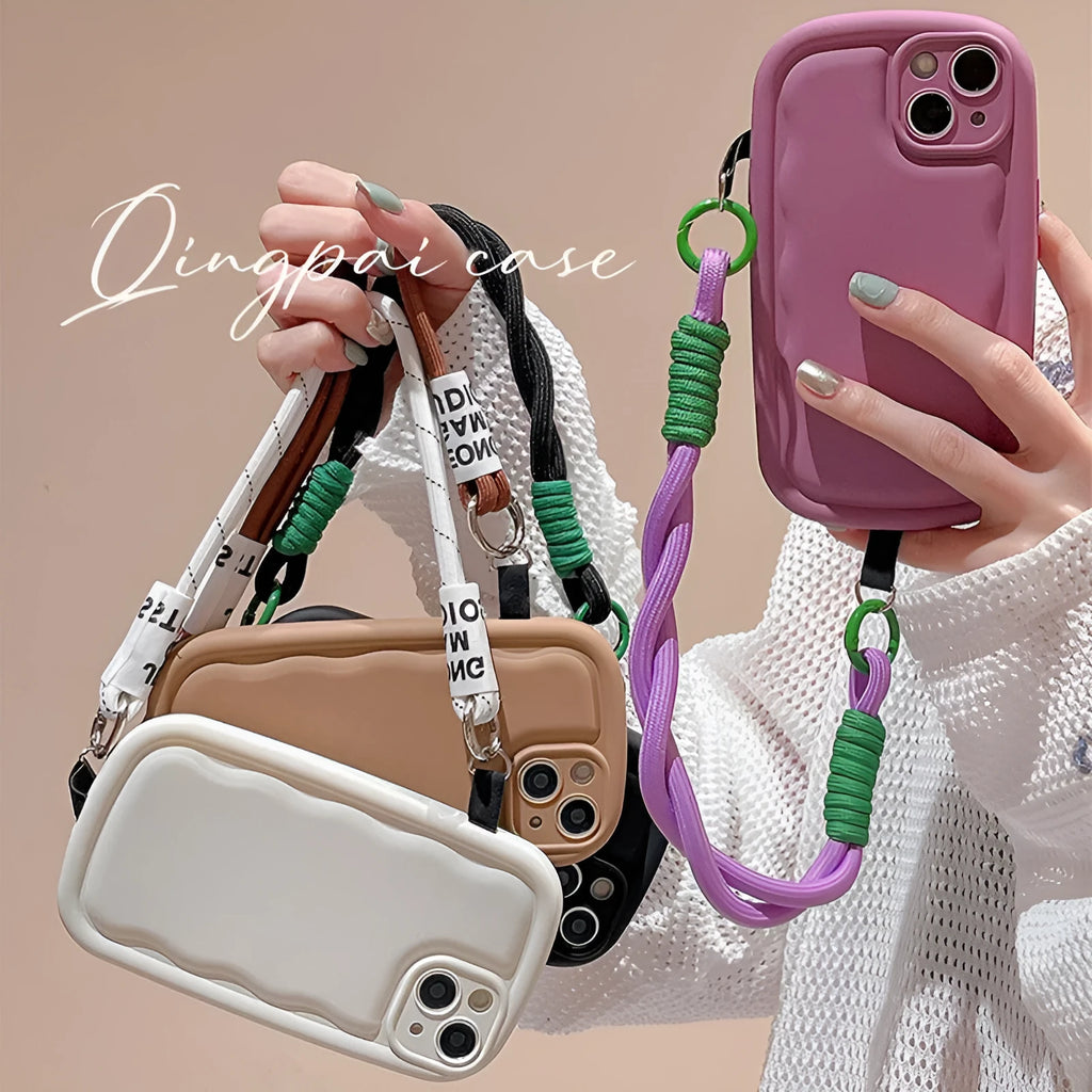 TPU phone case with ribbon wrist lanyard for Apple iPhone in multiple colours