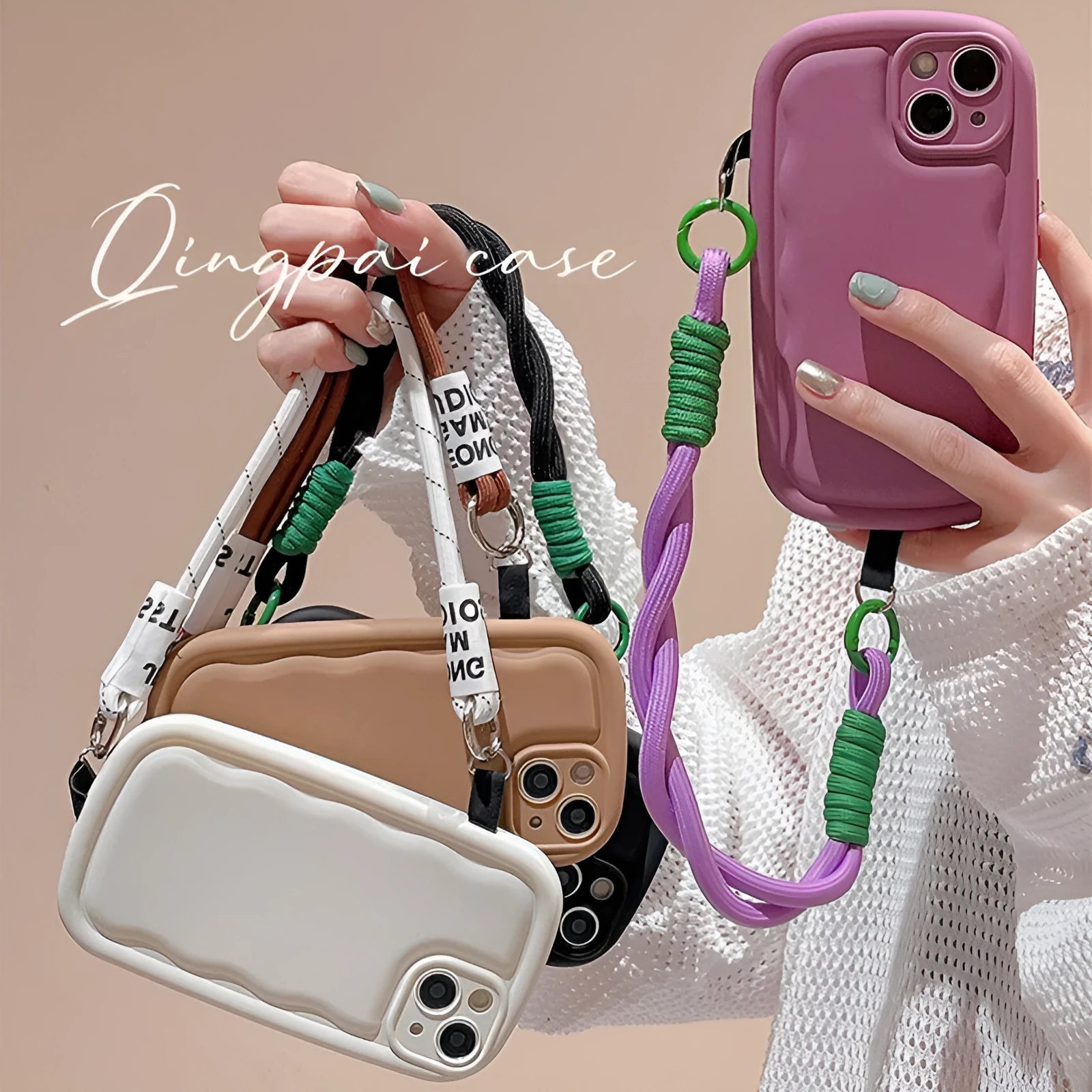 TPU phone case with ribbon wrist lanyard for Apple iPhone in multiple colours